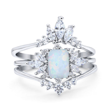 Emerald Cut Wedding Ring Three Piece Bridal Set Lab Created White Opal 925 Sterling Silver